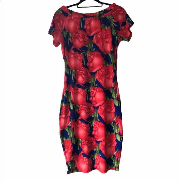 Playful Off The Shoulder Fitted Floral Red Roses Blue Midi Dress Size Large - Picture 5 of 11